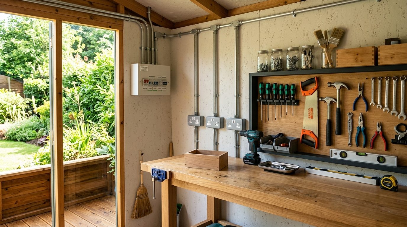 Rénovation électrique dans un abri de jardin avec tableau divisionnaire et prises étanches