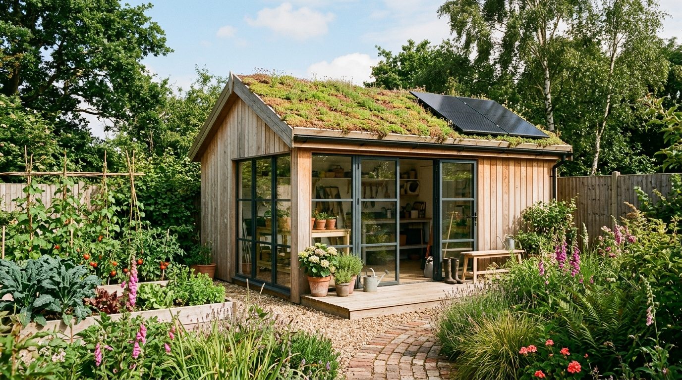 Abri de jardin écoresponsable : matériaux durables, toiture végétale et énergie verte